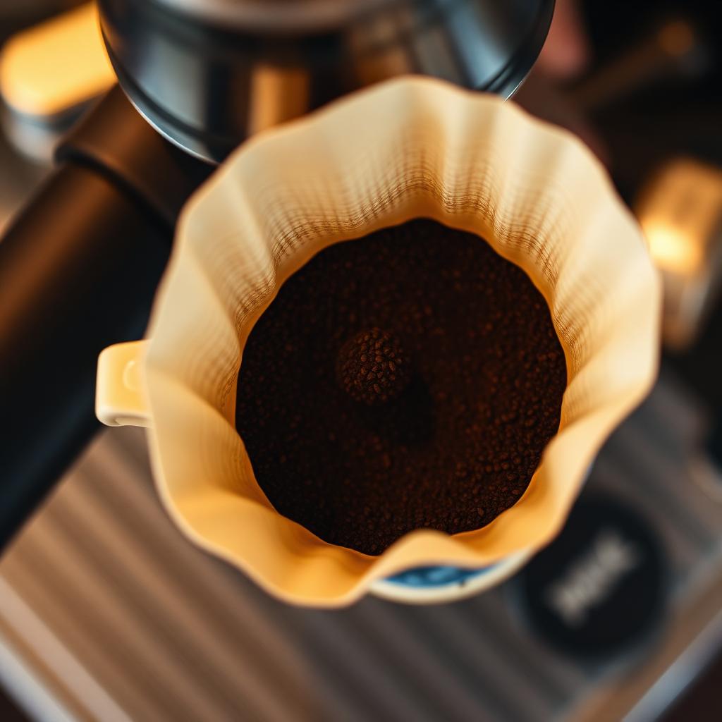 Overhead view of a V60 pour-over dripper with freshly ground coffee