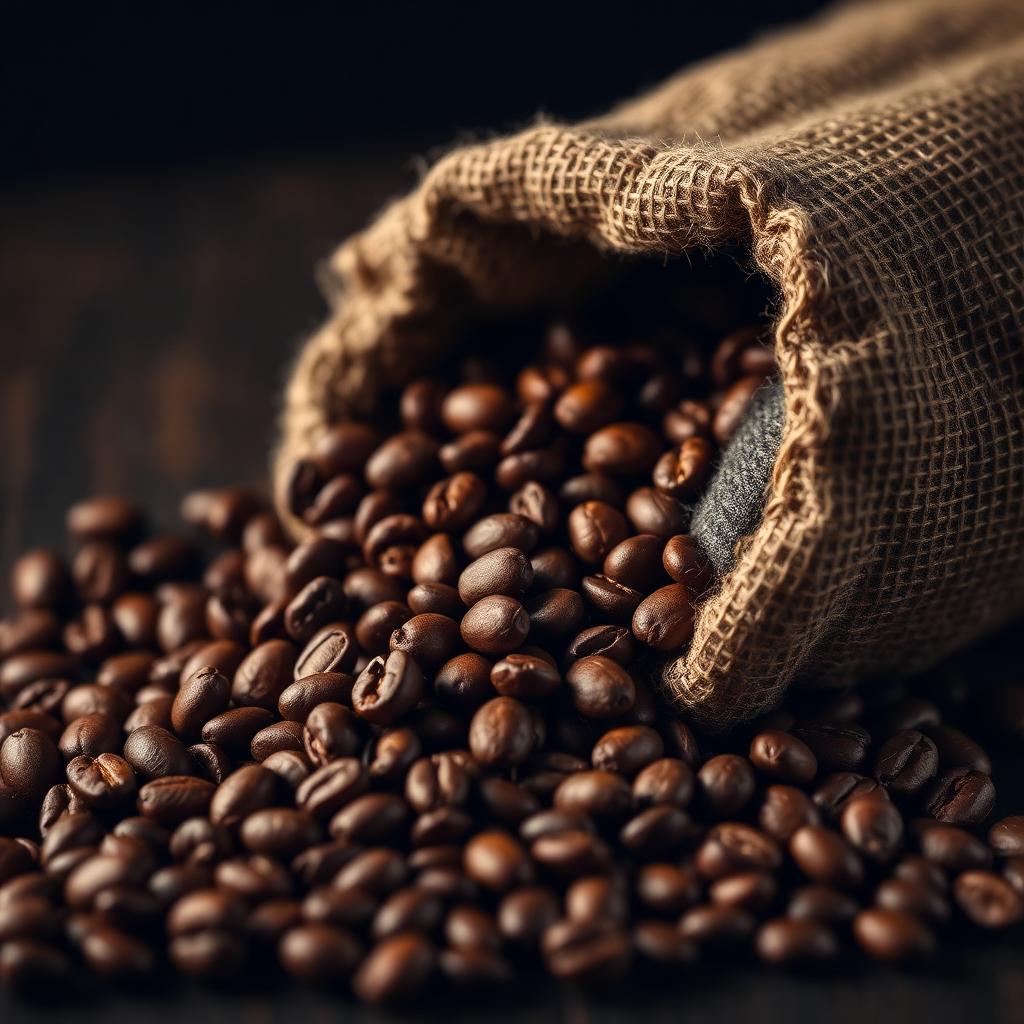 Freshly roasted coffee beans spilling from a burlap sack